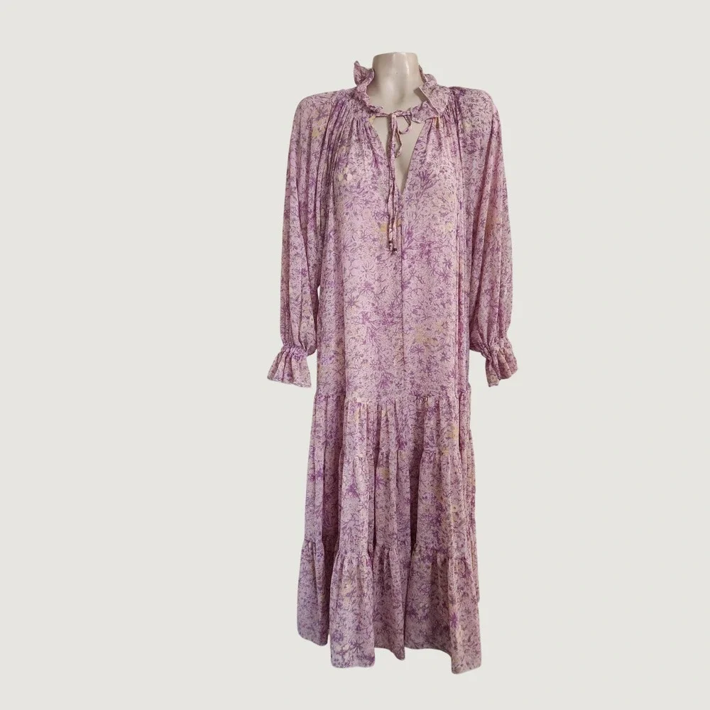 Free People Lavender Floral Tiered Boho Maxi Dress Long Sleeve Ruffle Neck XS - Picture 6 of 12